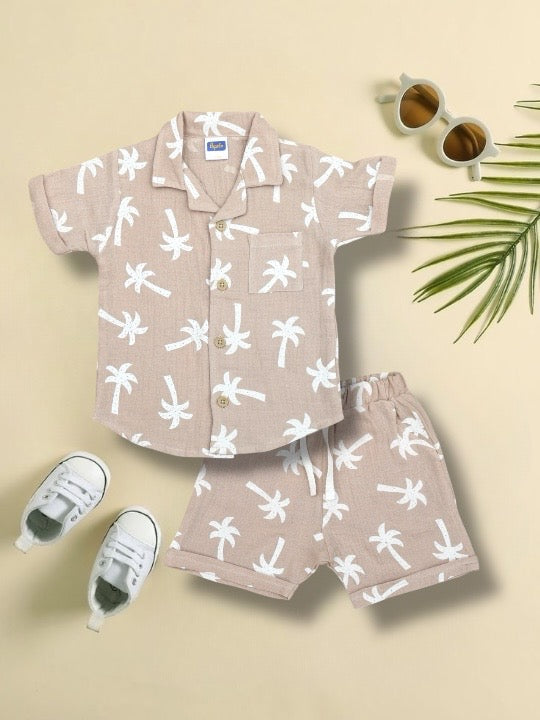 Pepito Boys' Cotton Co-ord Set | Tropical Palm Print Shirt & Shorts Set