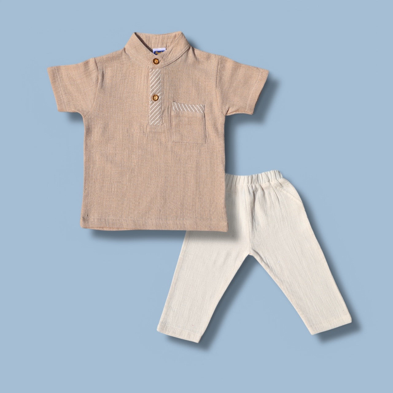 Boys Beige 100% Cotton Set – Short Sleeve Top & Ivory Pants