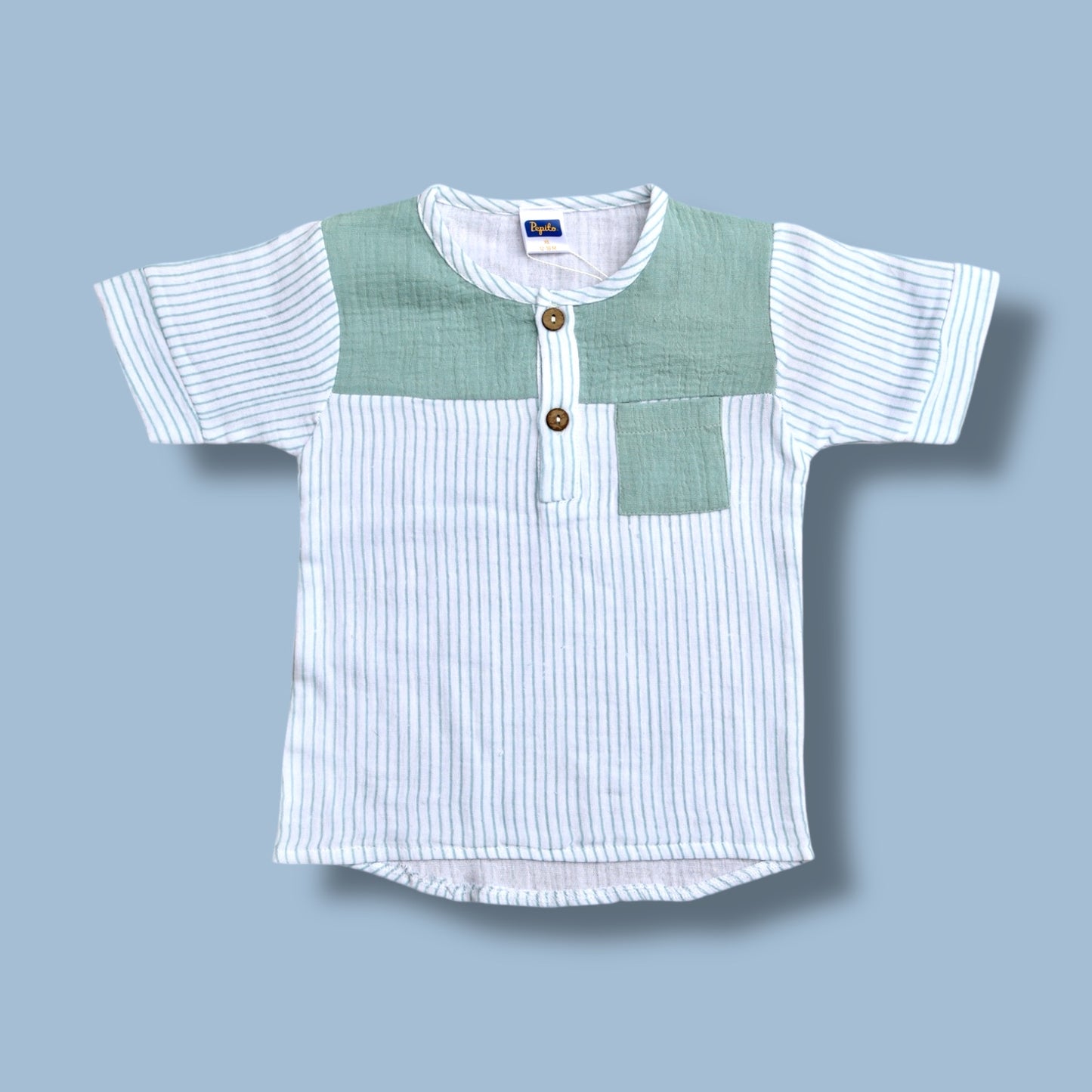 Pepito Boys’ Cotton Striped Shirt & Shorts Set – Mint Green & White