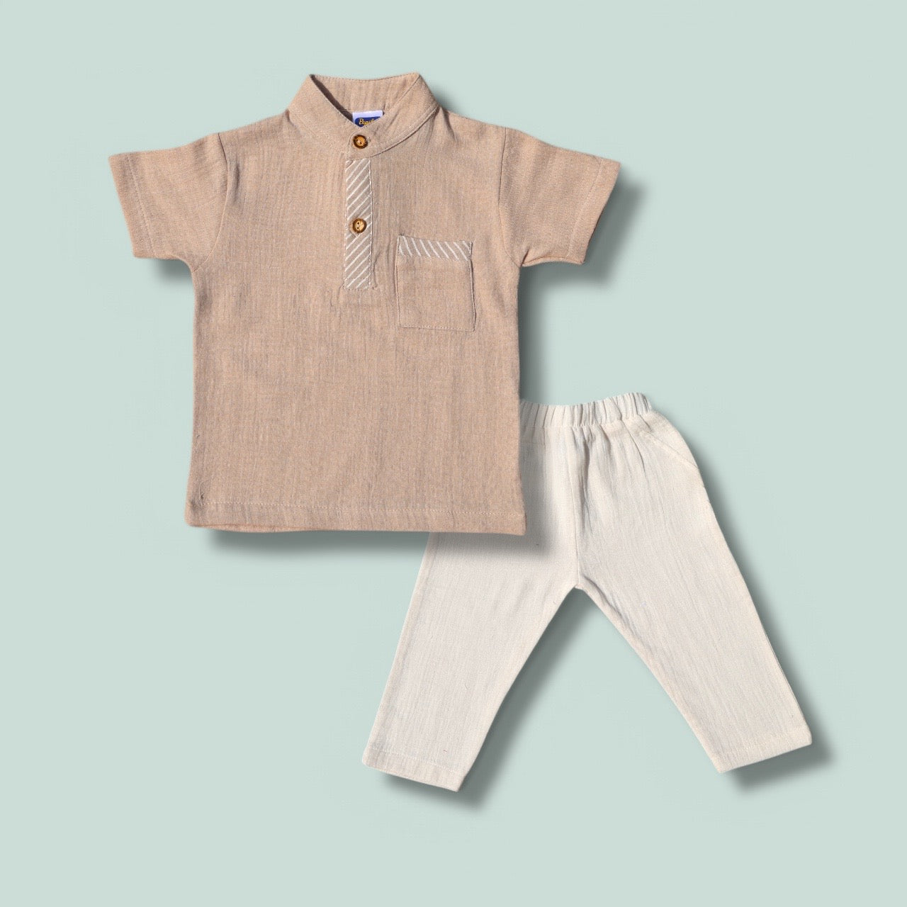 Boys Beige 100% Cotton Set – Short Sleeve Top & Ivory Pants