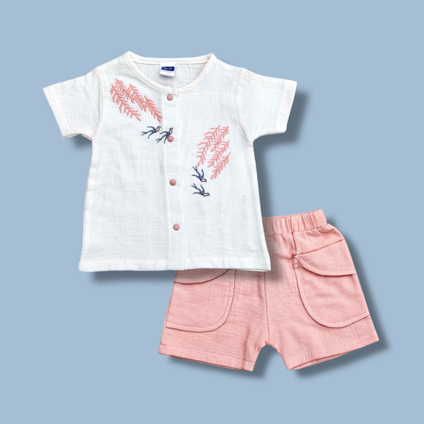 Pepito Girls’ Summer Cotton Set – Embroidered White Top with Pink Shorts