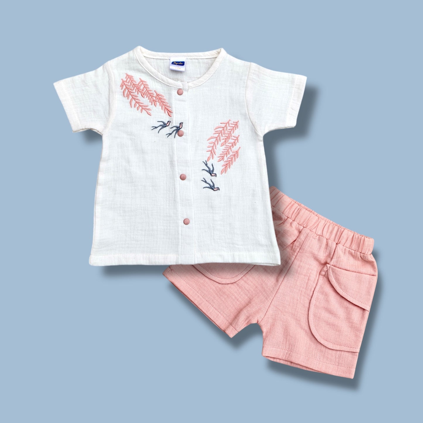 Pepito Girls’ Summer Cotton Set – Embroidered White Top with Pink Shorts