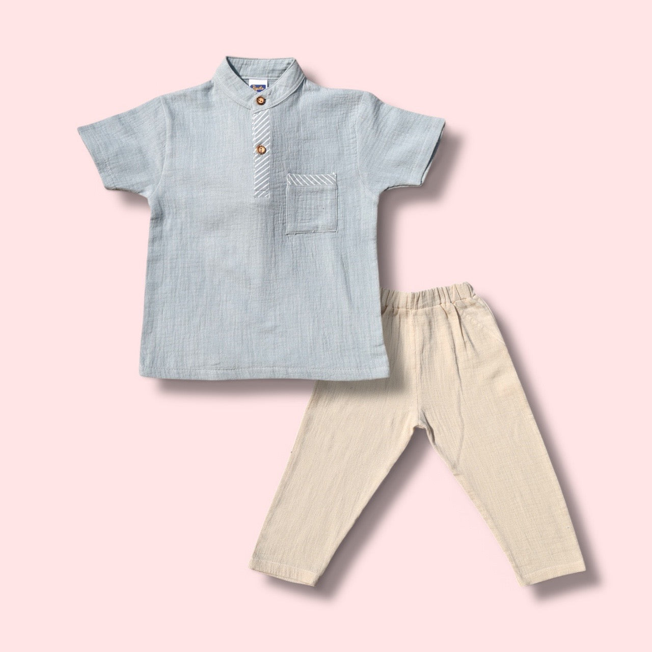 Boys 100% Cotton Set – Pastel Blue Shirt & Beige Pants