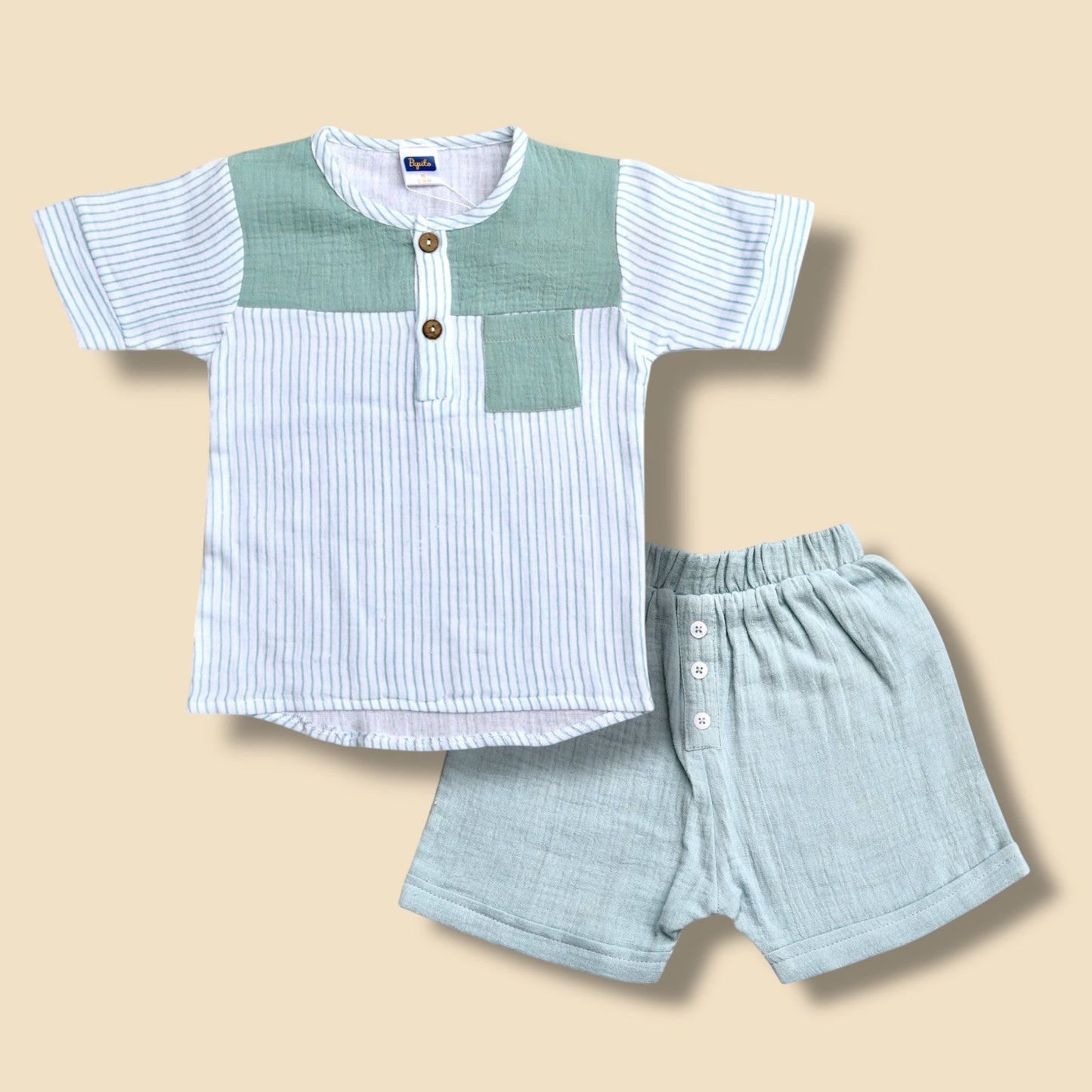 Pepito Boys’ Cotton Striped Shirt & Shorts Set – Mint Green & White