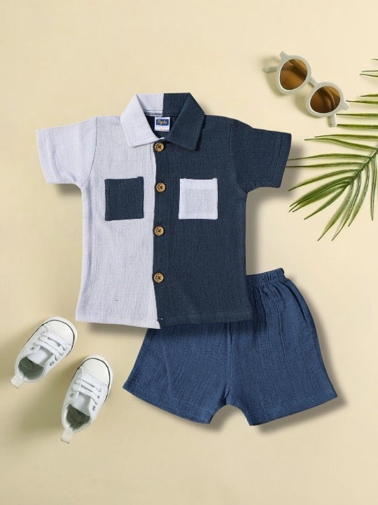 Pepito Dual-Tone Half & Half Shirt Set – Navy & White