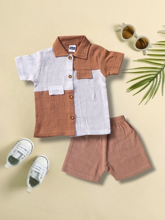 Pepito Colorblock 100% Cotton Shirt Set – Terracotta & White