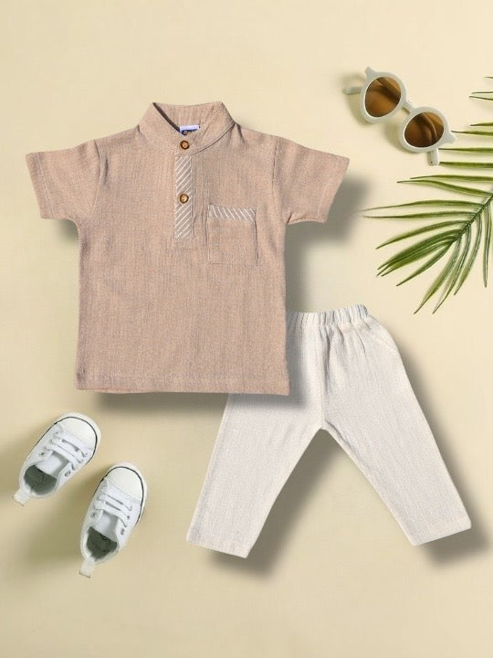 Boys Beige 100% Cotton Set – Short Sleeve Top & Ivory Pants