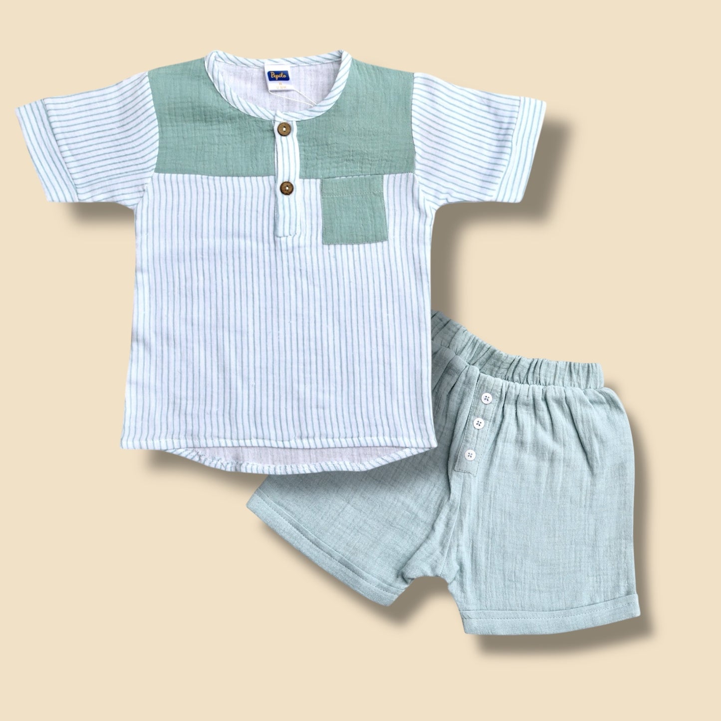 Pepito Boys’ Cotton Striped Shirt & Shorts Set – Mint Green & White