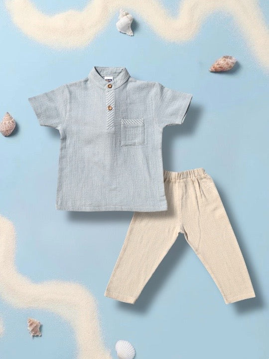 Boys 100% Cotton Set – Pastel Blue Shirt & Beige Pants