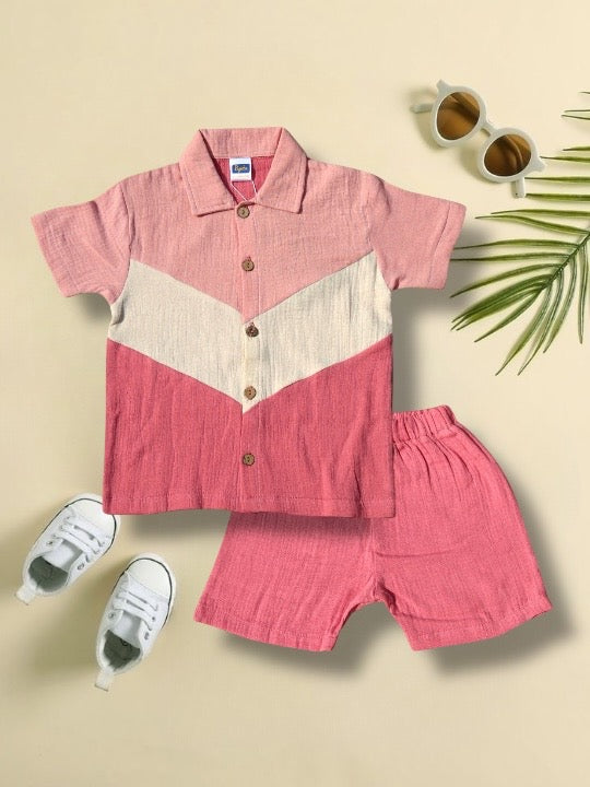 Stylish Ombre Pink Shirt & Shorts Set for Boys – Breathable 100% Organic Cotton