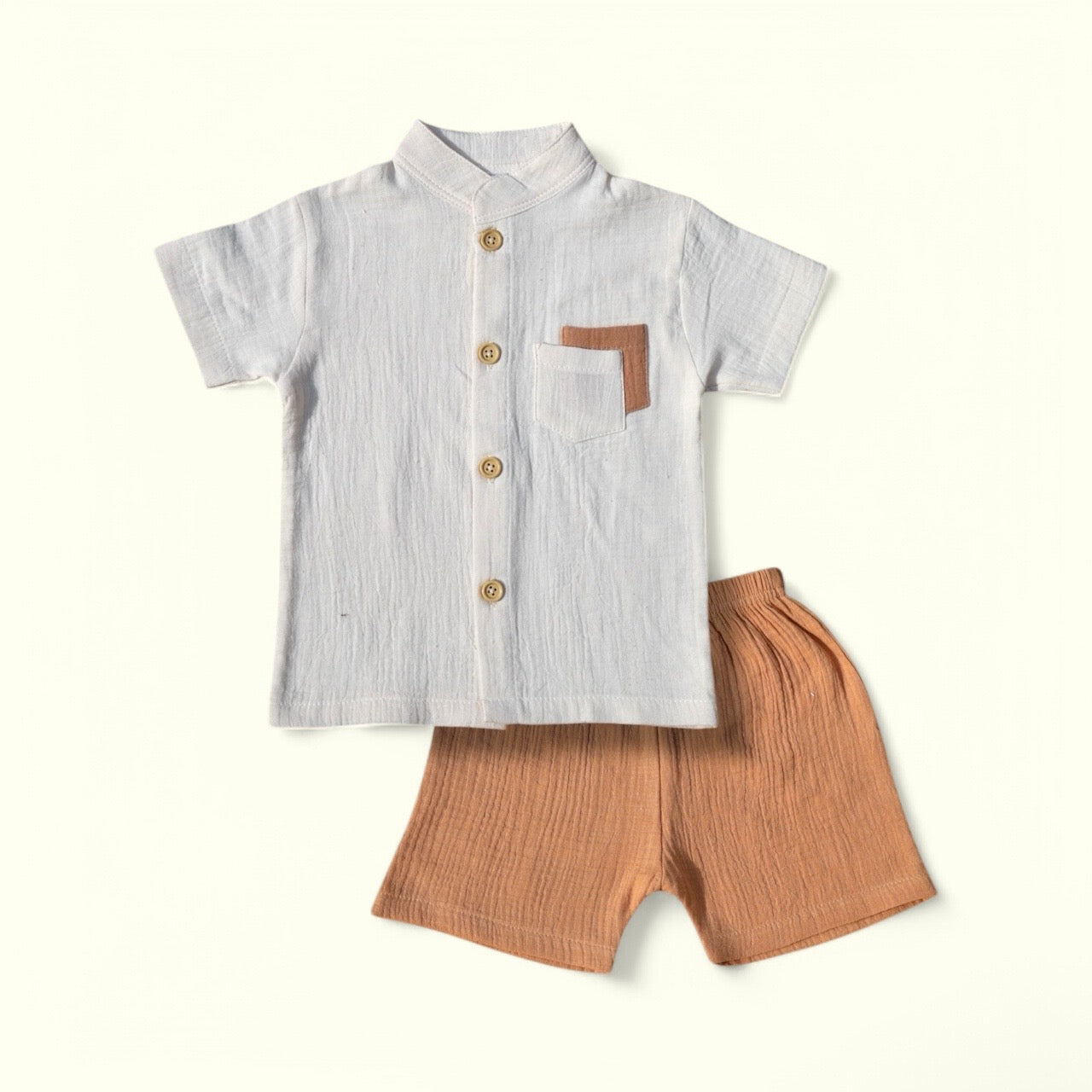 Pepito Classic Mandarin Collar Shirt Set – Cream & Tan