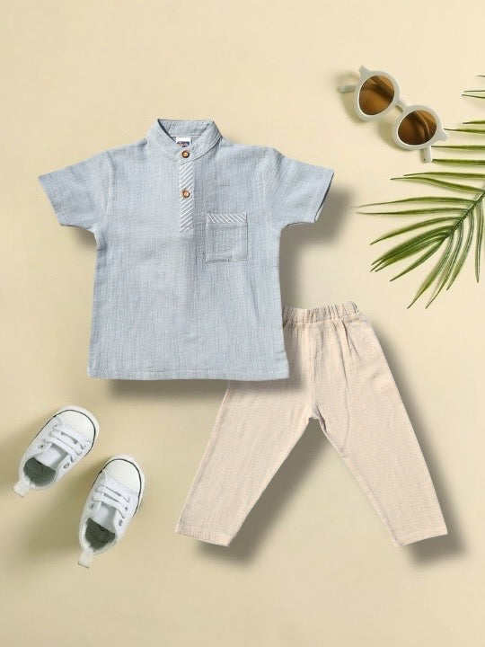 Boys 100% Cotton Set – Pastel Blue Shirt & Beige Pants