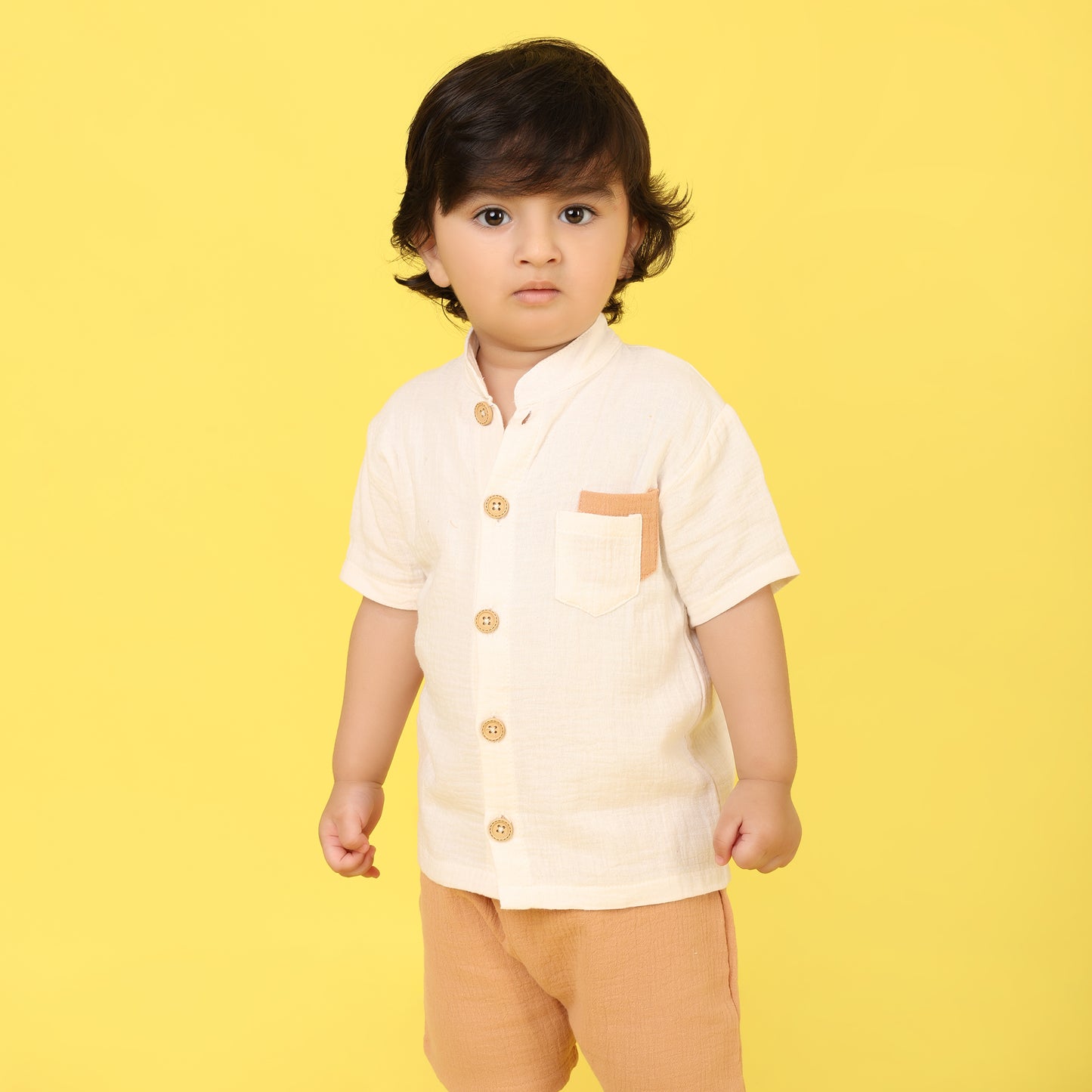 Pepito Classic Mandarin Collar Shirt Set – Cream & Tan