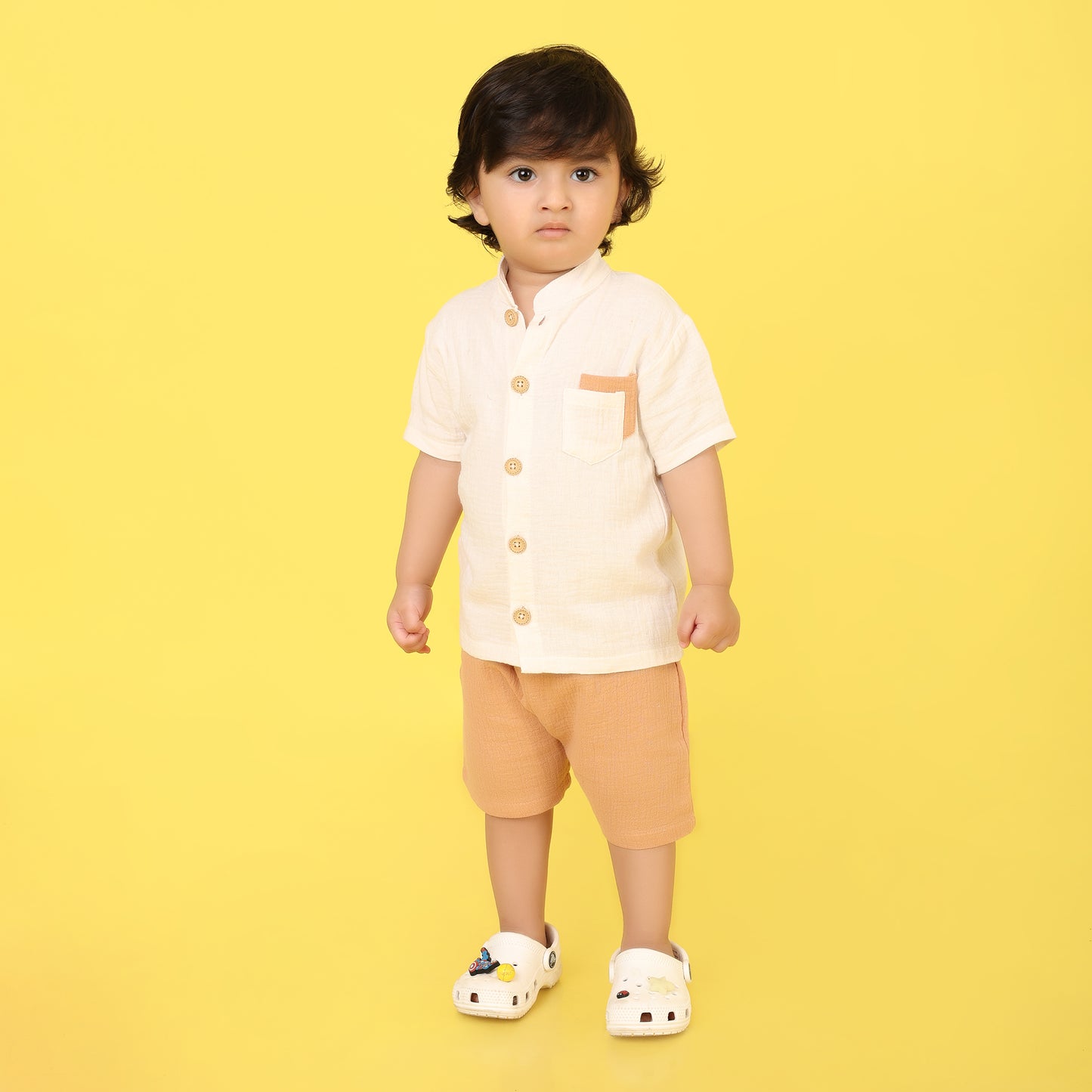 Pepito Classic Mandarin Collar Shirt Set – Cream & Tan