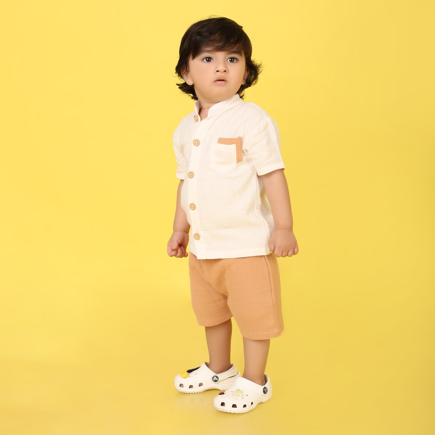 Pepito Classic Mandarin Collar Shirt Set – Cream & Tan
