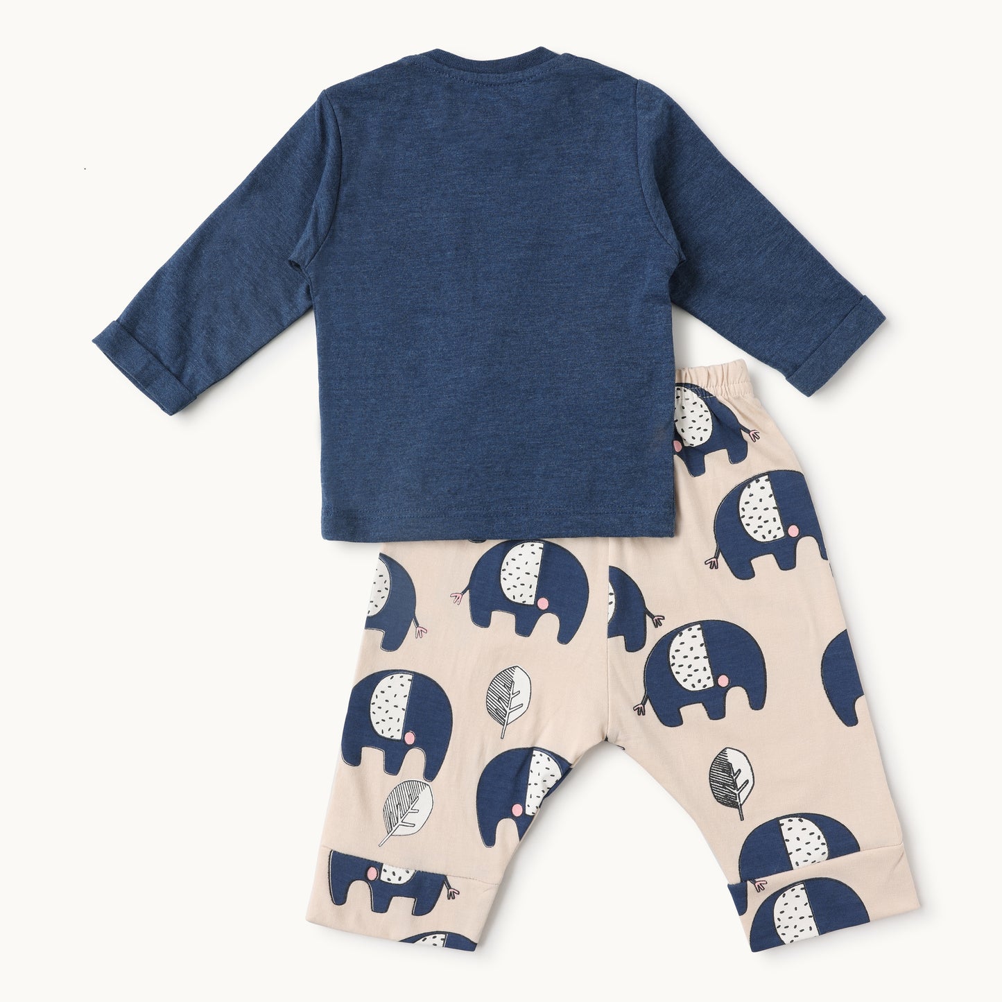 Elephant Patch Pocket Baby Full-Sleeve T-Shirt & Printed Pants Set – Navy & Beige