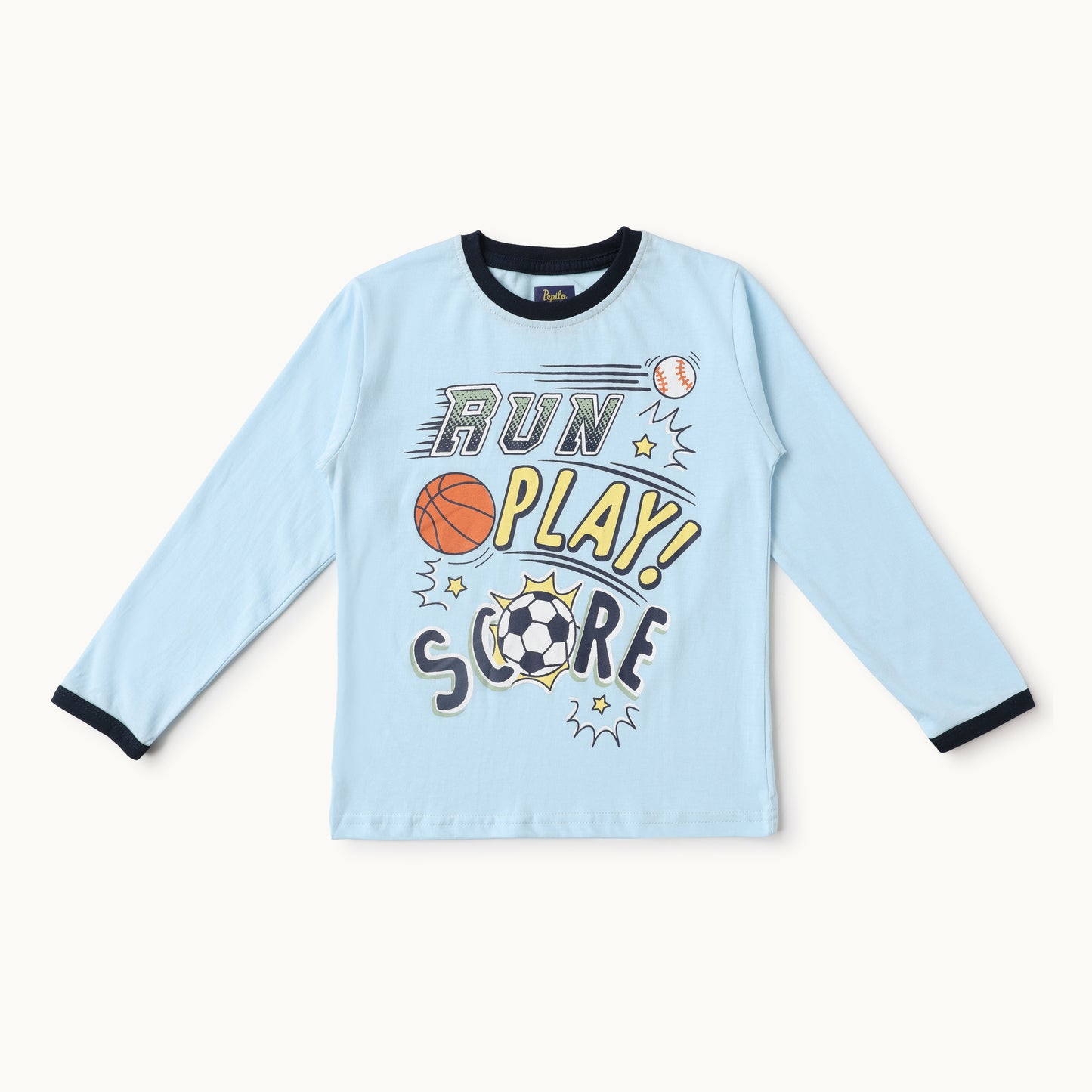 Run Play Score Kids Full-Sleeve T-Shirt & Joggers Set - Blue & Navy