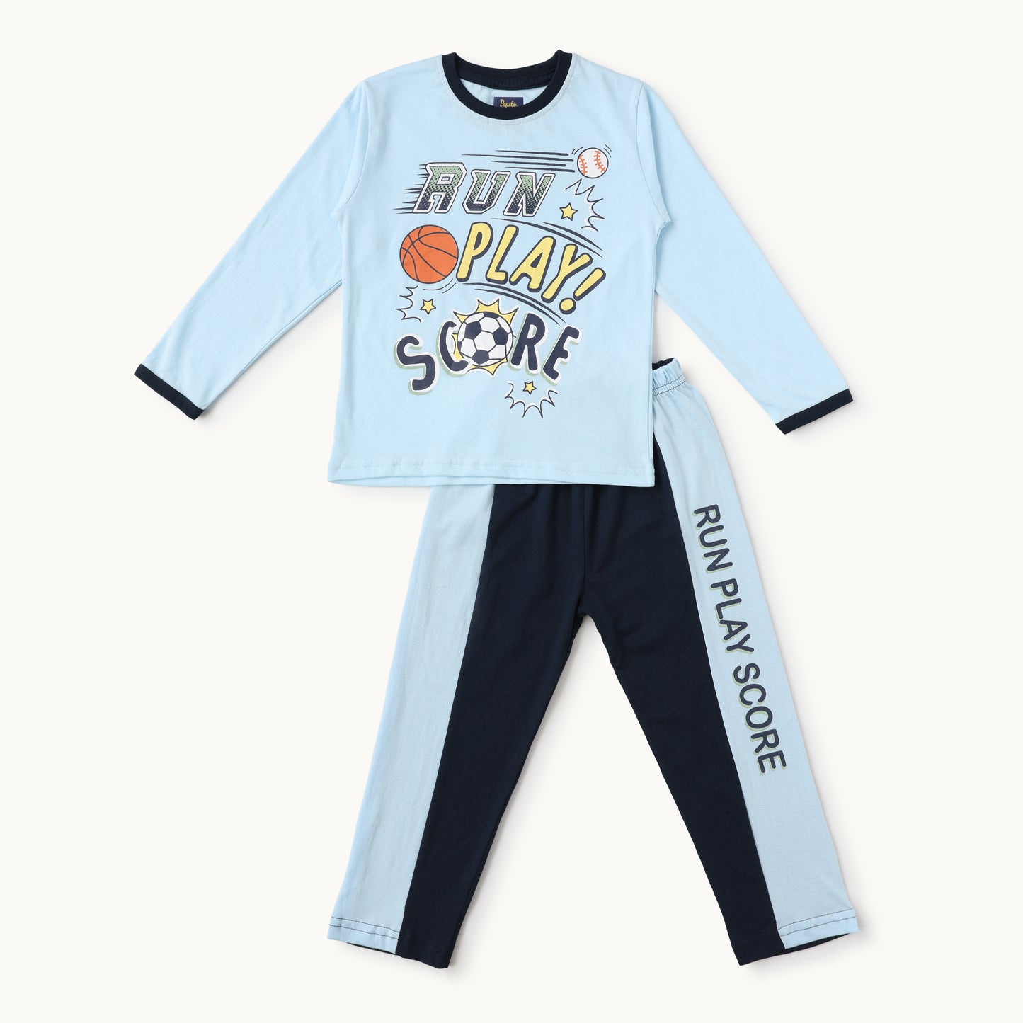 Run Play Score Kids Full-Sleeve T-Shirt & Joggers Set - Blue & Navy