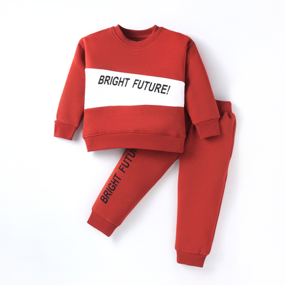 Pepito Fleece Knit Full Sleeves Cut & Sew Design Winter Wear Set With Text Print - Red