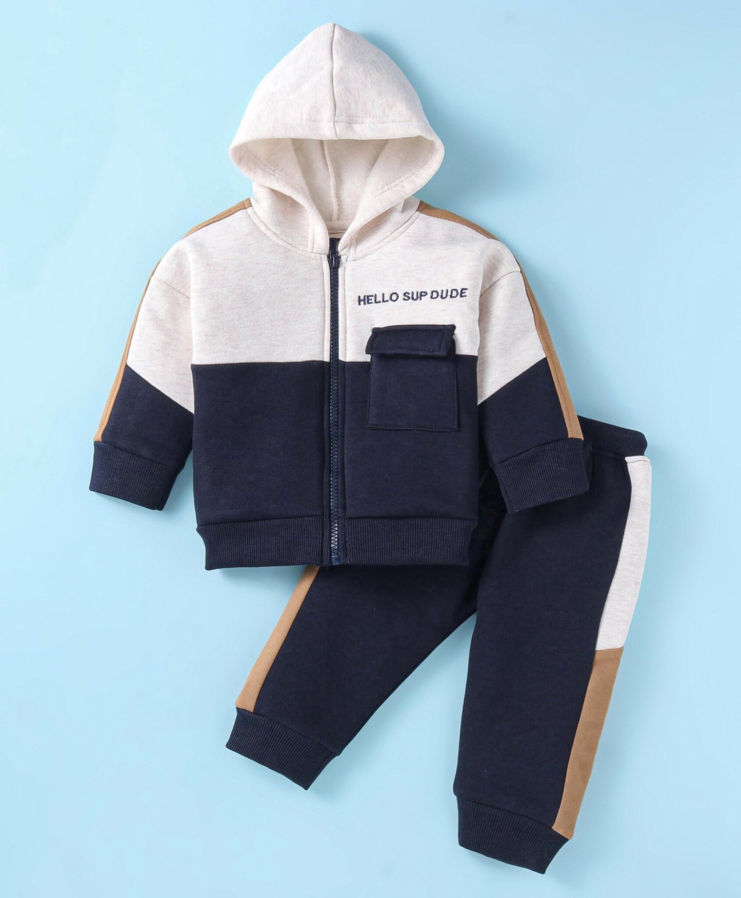 Knit Full Sleeves Hooded Fleece Winter Wear Suit with Text Embroidery - Navy Blue & White