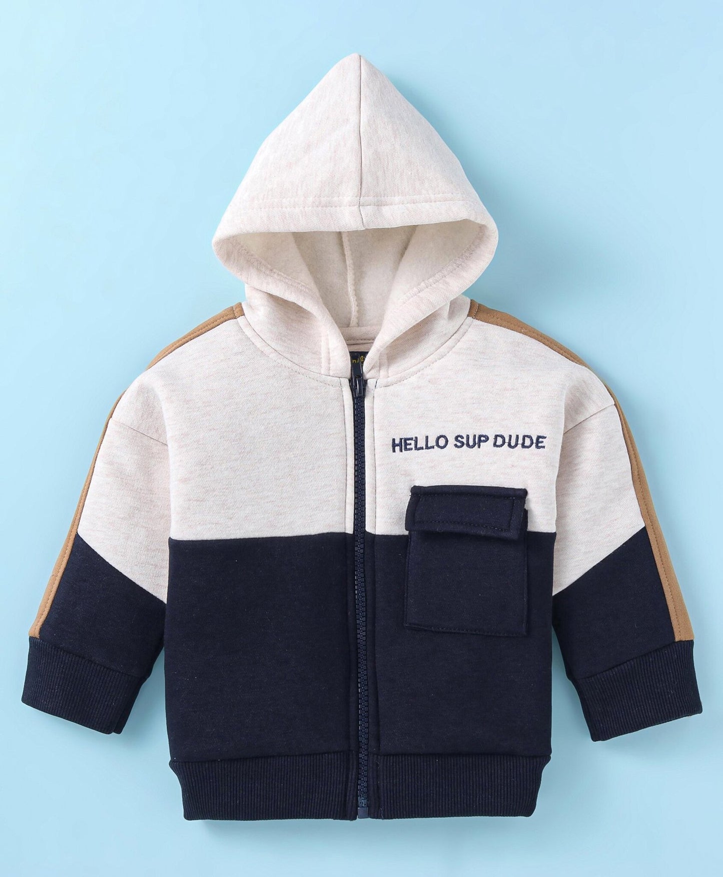 Knit Full Sleeves Hooded Fleece Winter Wear Suit with Text Embroidery - Navy Blue & White