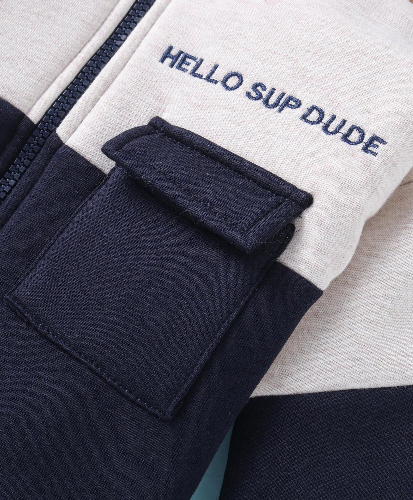 Knit Full Sleeves Hooded Fleece Winter Wear Suit with Text Embroidery - Navy Blue & White