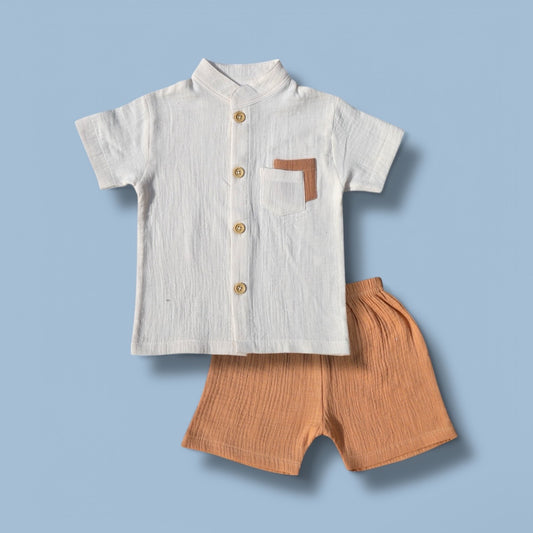 Pepito Classic Mandarin Collar Shirt Set – Cream & Tan