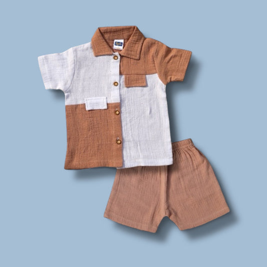 Pepito Colorblock 100% Cotton Shirt Set – Terracotta & White