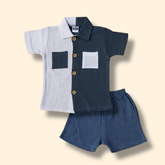 Pepito Dual-Tone Half & Half Shirt Set – Navy & White