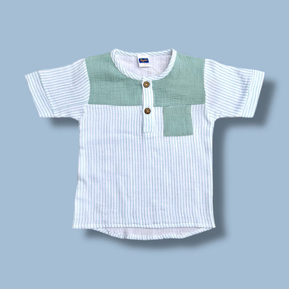 Pepito Boys’ Cotton Striped Shirt & Shorts Set – Mint Green & White