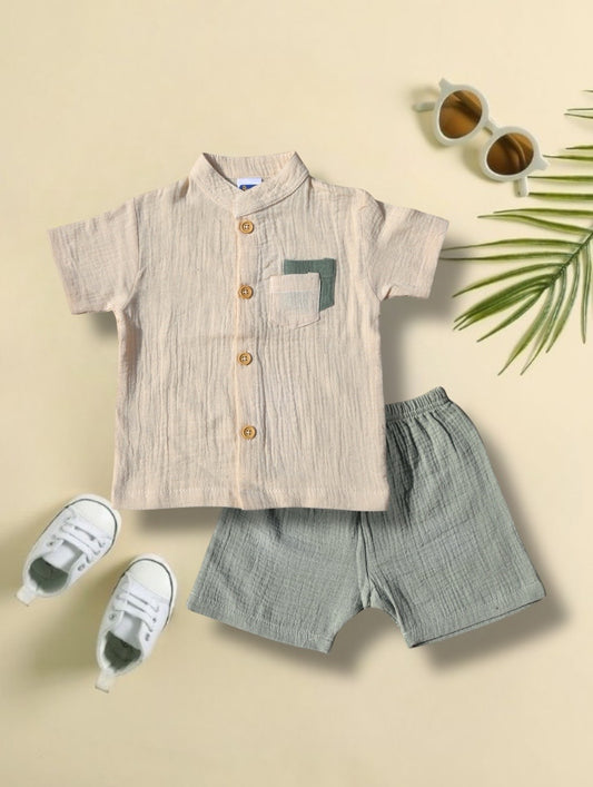 Pepito Minimalist Mandarin Shirt Set – Sand & Sage