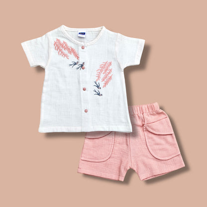 Pepito Girls’ Summer Cotton Set – Embroidered White Top with Pink Shorts