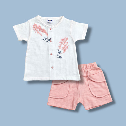 Pepito Girls’ Summer Cotton Set – Embroidered White Top with Pink Shorts
