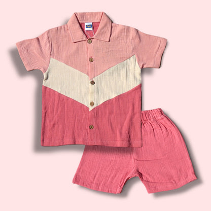 Stylish Ombre Pink Shirt & Shorts Set for Boys – Breathable 100% Organic Cotton