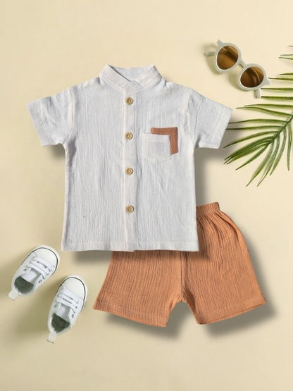 Pepito Classic Mandarin Collar Shirt Set – Cream & Tan
