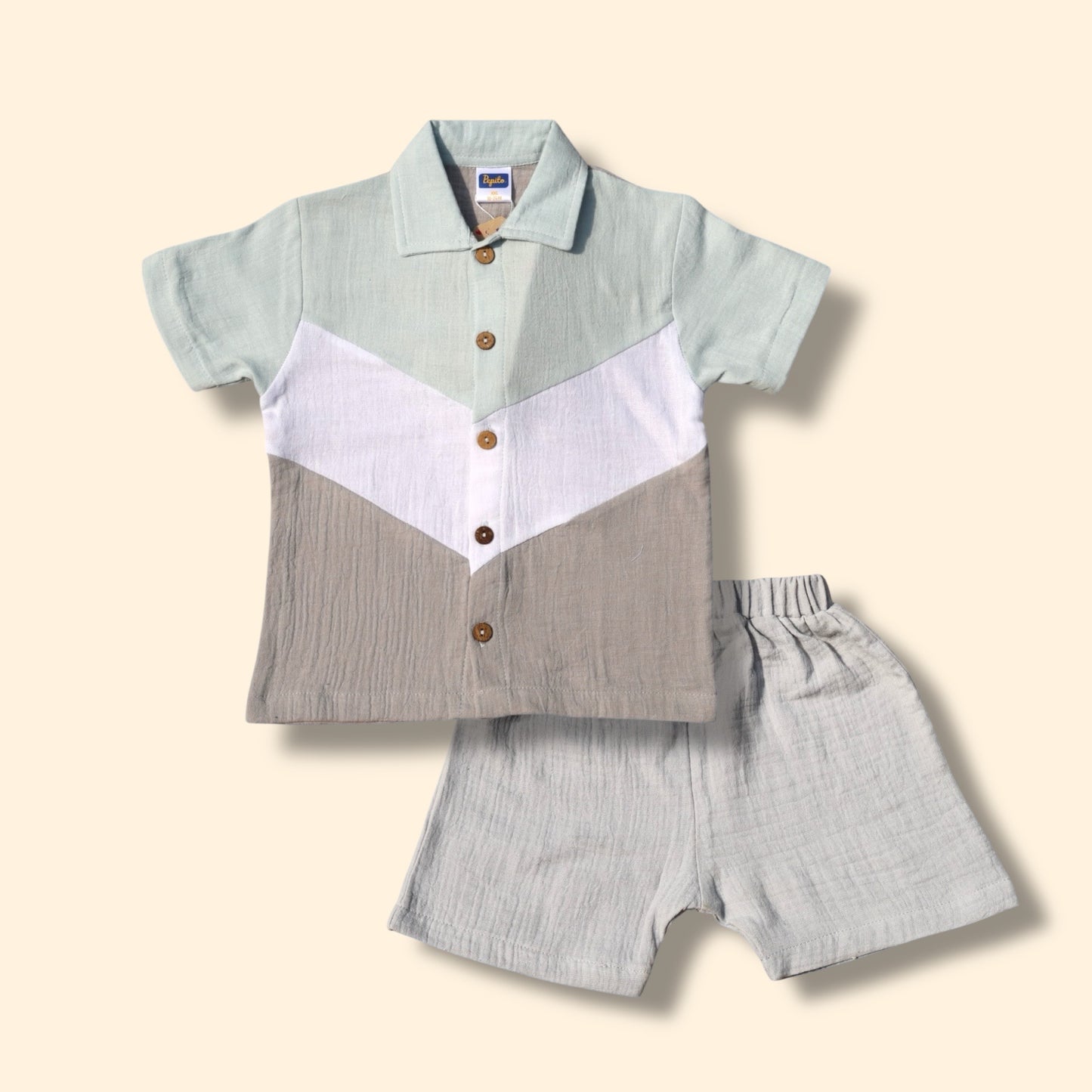 Mint & Beige Boys 100% Organic Cotton Co-ord Set – Stylish Summer Outfit