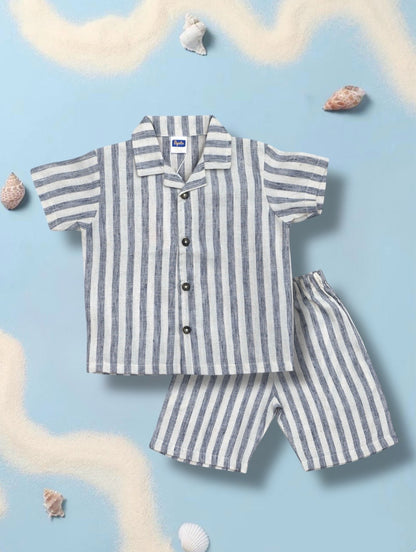 Pepito's Coastal Breeze Striped Linen Shirt & Short Set
