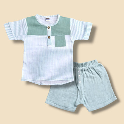 Pepito Boys’ Cotton Striped Shirt & Shorts Set – Mint Green & White