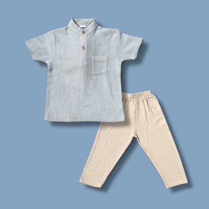 Boys 100% Cotton Set – Pastel Blue Shirt & Beige Pants