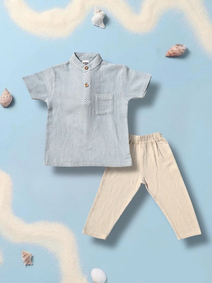 Boys 100% Cotton Set – Pastel Blue Shirt & Beige Pants