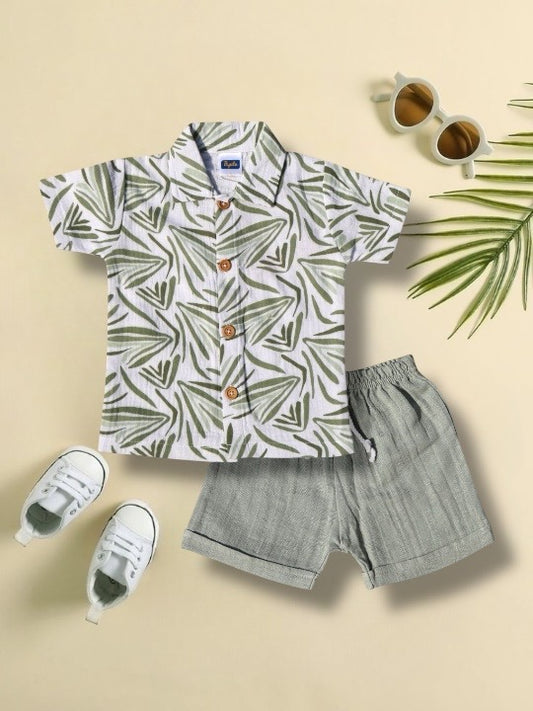 Boys Tropical Print Shirt & Green Shorts Set – Summer Outfit
