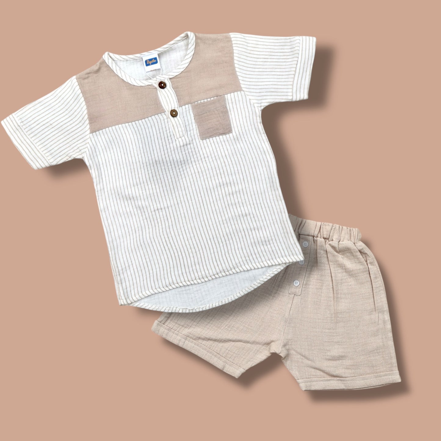 Pepito Boys’ Striped Cotton Shirt & Shorts Set – Beige & White Summer Outfit