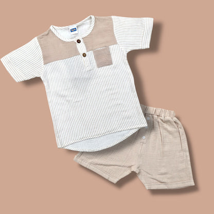 Pepito Boys’ Striped Cotton Shirt & Shorts Set – Beige & White Summer Outfit
