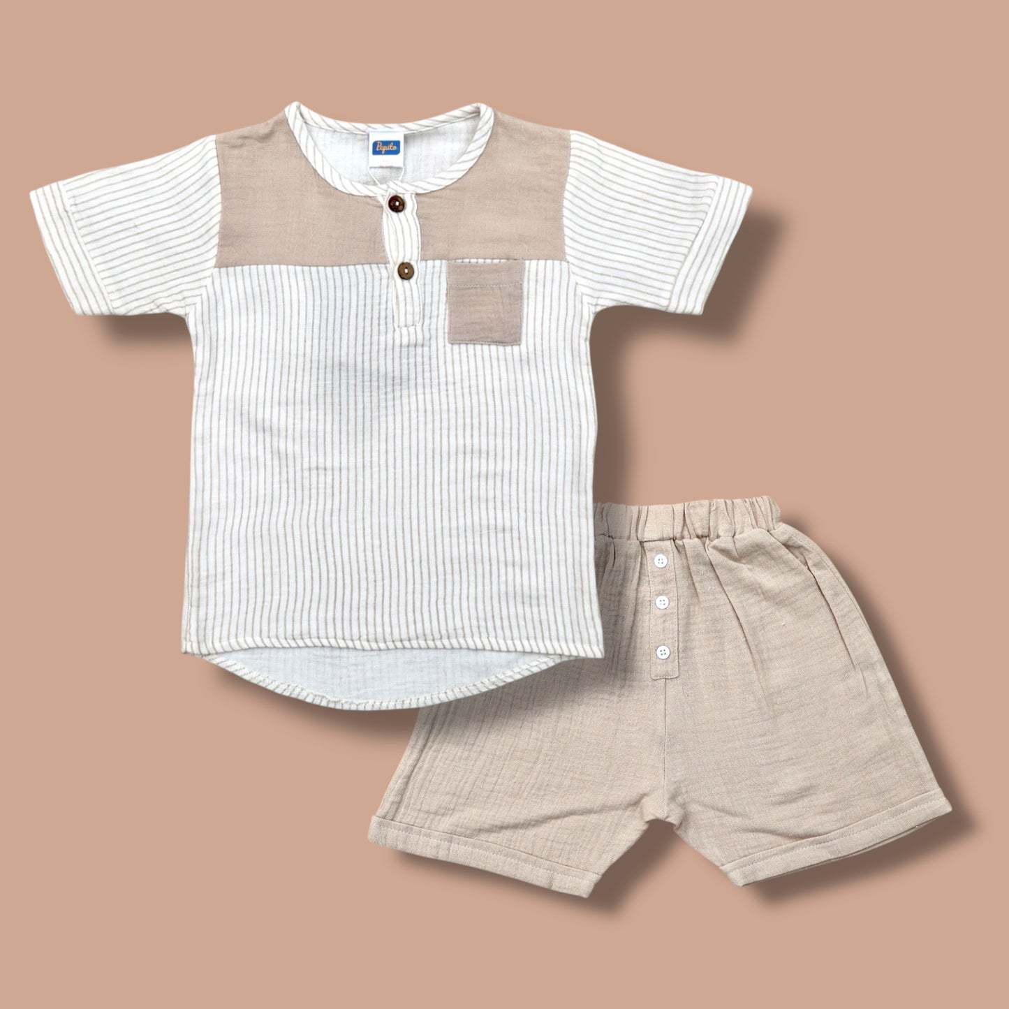 Pepito Boys’ Striped Cotton Shirt & Shorts Set – Beige & White Summer Outfit