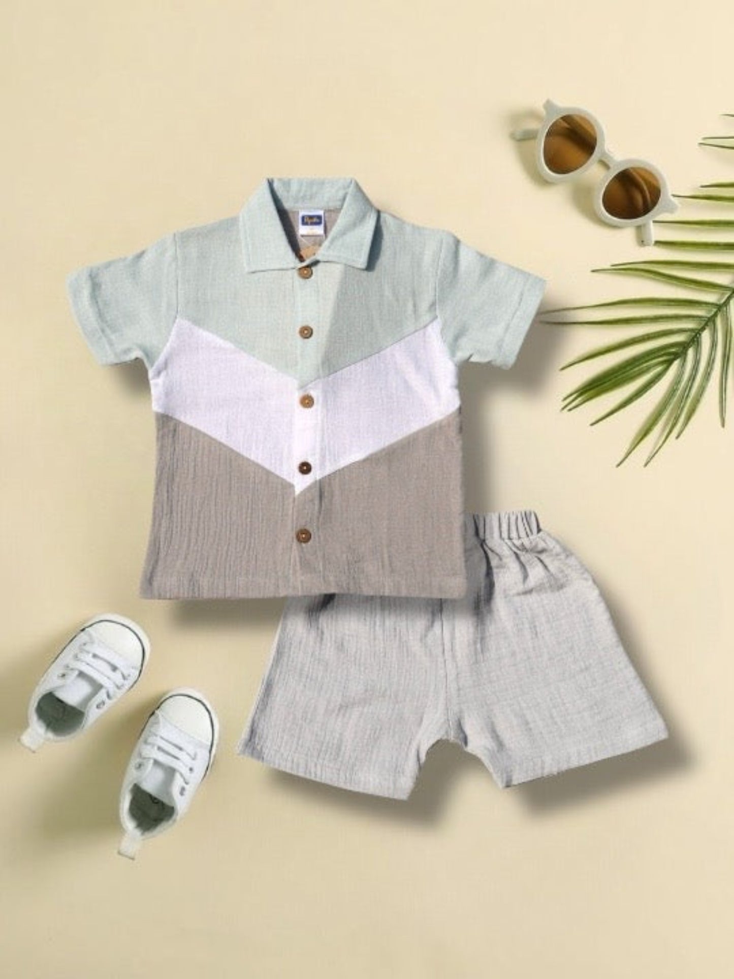 Mint & Beige Boys 100% Organic Cotton Co-ord Set – Stylish Summer Outfit