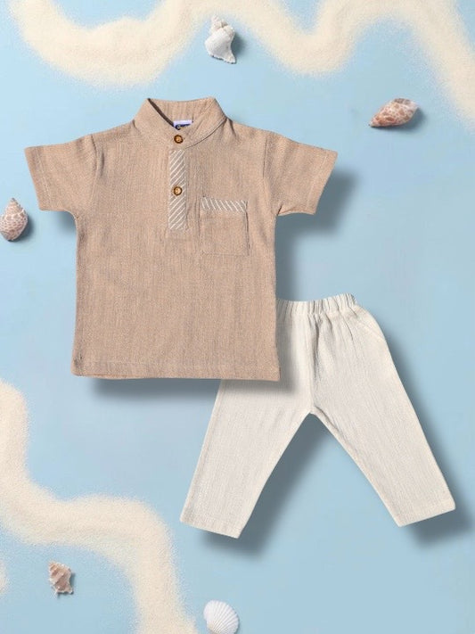 Boys Beige 100% Cotton Set – Short Sleeve Top & Ivory Pants