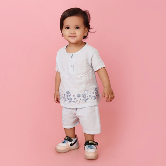 Pepito 100% Cotton Double Gauge Girls Shorts Set – Embroidered Floral Top & Shorts