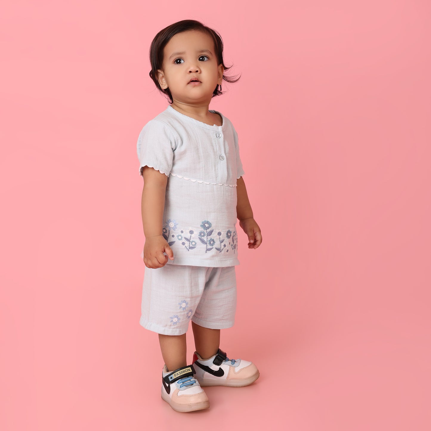 Pepito 100% Cotton Double Gauge Girls Shorts Set – Embroidered Floral Top & Shorts