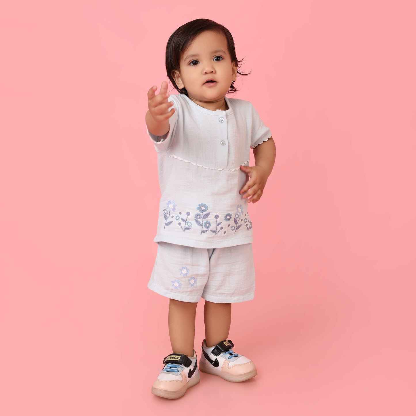 Pepito 100% Cotton Double Gauge Girls Shorts Set – Embroidered Floral Top & Shorts