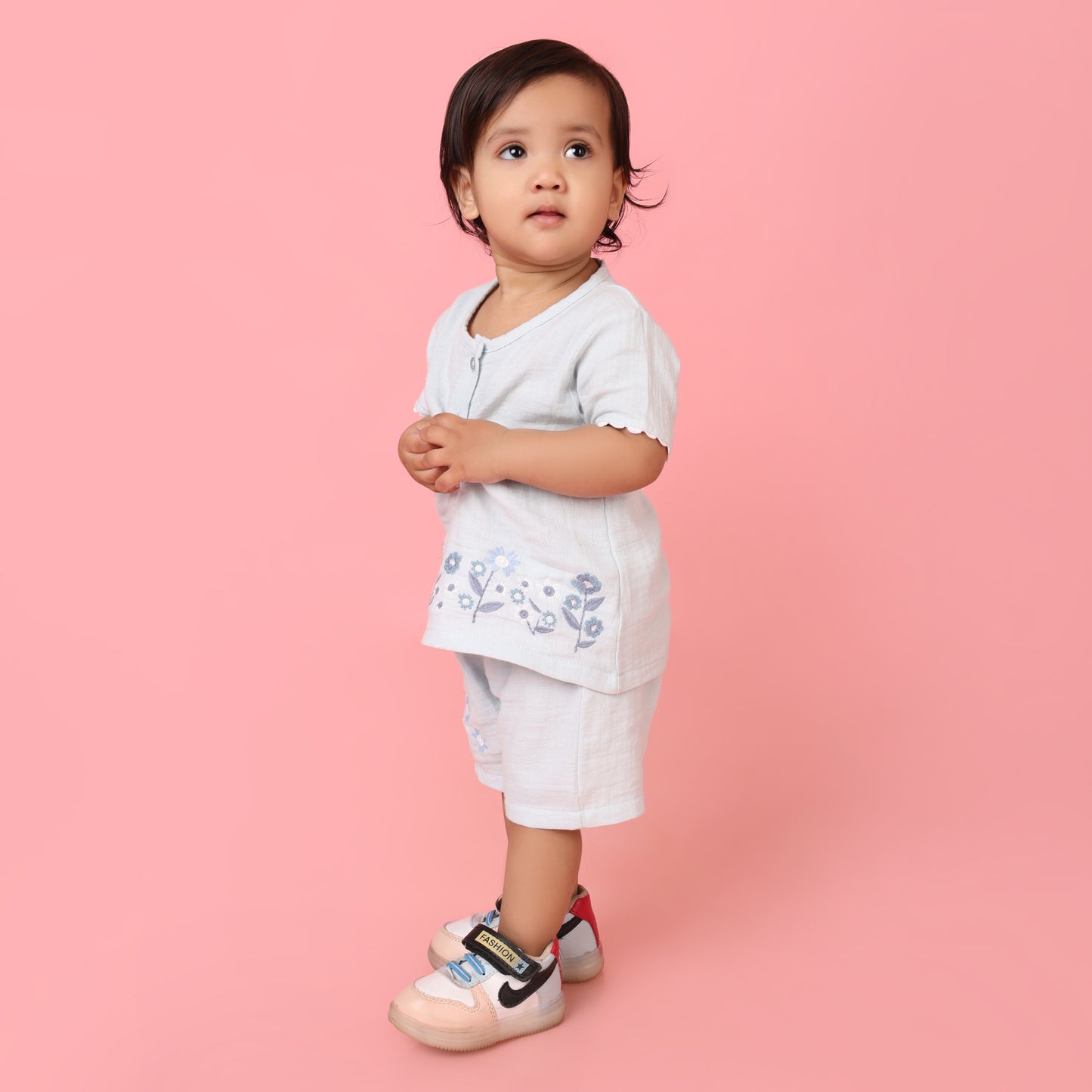Pepito 100% Cotton Double Gauge Girls Shorts Set – Embroidered Floral Top & Shorts
